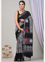 Linen Black Casual Wear Printed Saree